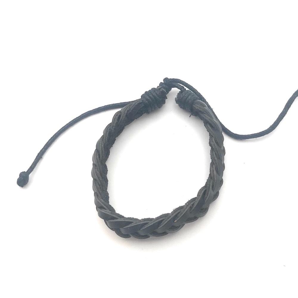 Black Braided Leather Adjustable Bracelet - Picture 2 of 5